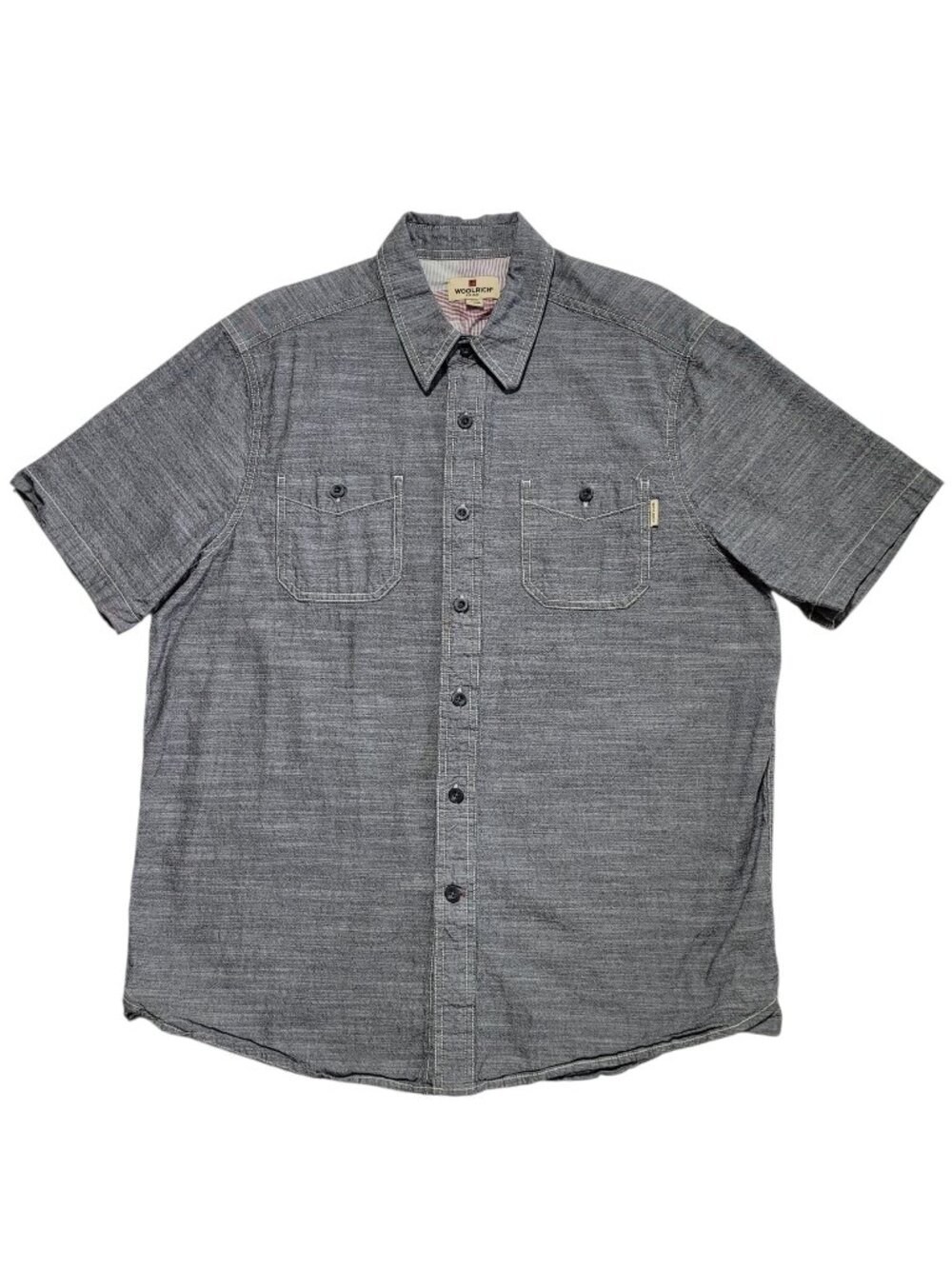 Woolrich Men Gray Short Sleeve Chambray Button Up Shirt Large Workwear Utility